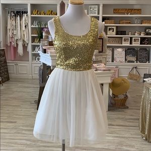 Gold sequin and white cocktail dress